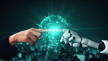 MLP Fütürist Robot Yapay Zeka, yapay zeka, yapay zeka, teknoloji geliştirme ve makine öğrenme kavramlarını aydınlatıyor. İnsan hayatının geleceği için küresel robot biyonik bilim araştırması. 3B görüntüleme grafiği.