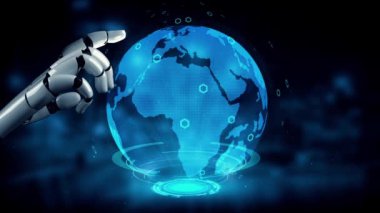 MLP Fütürist Robot Yapay Zeka, yapay zeka, yapay zeka, teknoloji geliştirme ve makine öğrenme kavramlarını aydınlatıyor. İnsan hayatının geleceği için küresel robotik blok zincir bilimi araştırması. 3B görüntüleme