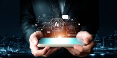Yapay zeka sanal asistanı Chatbot ile yapay zeka konsepti ile insan etkileşimi, yapay zeka mühendisliği, LLM yapay zeka derin öğrenimi iş desteği için üretken yapay zeka kullanımı. FaaS
