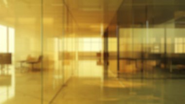 Modern ofisin bulanık arka planı ya da boş toplantı odası. Şık bir konferans salonunun iç tasarımı. Pencere süslemeli fabrikadan güneş ışığı ile buluşmaya hazırlanıyor. Eko şirket konsepti. Aktar.