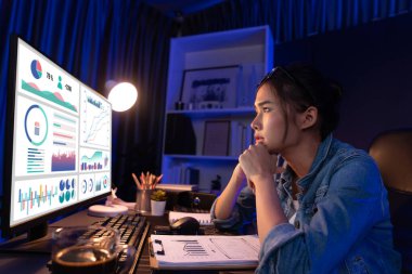 Stresli, genç, güzel Asyalı yaratıcı proje yaratıcısı sosyal medyayla bilgisayar ekranına bakıyor ve planlama kanalı stratejisi geceleri daha fazla neon modern ofiste izleyiciye ulaşıyor. Taktik.