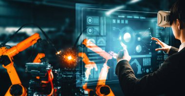 Dijital sanayi ve fabrika robotu teknolojisi için MLP Gelişmiş Robot Kol Sistemi. İnternet ağına bağlı IOT yazılımı kullanarak endüstri mühendisliği tarafından kontrol edilen otomasyon üretim robotu.