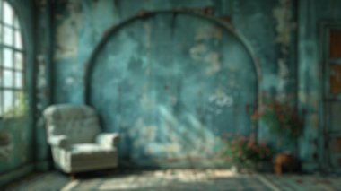 Oda içi fotoğrafçılığının doğal çürüme temalı bulanık arkaplanı. Mavi temalı eski mobilyaları olan klasik bir oda. Terk edilme ve tarihsel çürüme kavramı. Poster için tasarım, film. Aktar.