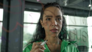 Genç İspanyol çalışanlar renkli yapışkan notlar yazıyorlar. Akıllı iş kadını pazarlama fikrini, beyin fırtınası stratejisini, iş planını paylaşıyor. Proje yöneticisi zihin haritası çiziyor. - Yakın çekim. Yönlendirici.