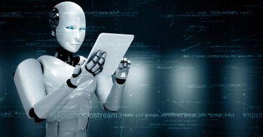 MLP 3d illüstrasyon Futuristik robot yapay zeka insansı yapay zeka programlama kodlama teknolojisi geliştirme ve makine öğrenme kavramı. İnsanlığın geleceği için robot biyonik bilim araştırması