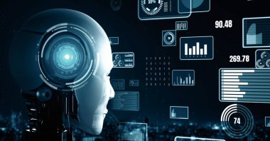 MLP 3d illüstrasyon Gelecek Finansal Teknoloji Kontrolü AI robot insansı makine öğrenimi ve yapay zeka kullanarak iş verilerini analiz ediyor ve yatırım ve ticaret hakkında tavsiyelerde bulunuyor