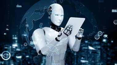 MLP 3d illüstrasyon Gelecek Finansal Teknoloji Kontrolü AI robot insansı makine öğrenimi ve yapay zeka kullanarak iş verilerini analiz ediyor ve yatırım ve ticaret hakkında tavsiyelerde bulunuyor