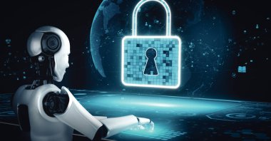 MLP 3d illüstrasyon yapay zeka robot robotu çevrimiçi sunucuda veri depolamak için bulut hesaplama teknolojisi kullanır. Makine öğrenme süreciyle analiz edilen gelecekteki bulut bilgi depolama kavramı. 3B görüntüleme