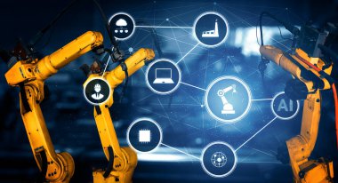 Sanayi 4.0 veya 4. endüstriyel devrimin otomasyon üretim sürecini ve IOT yazılımını gösteren dijital fabrika üretim teknolojisi için MLP Smart Industry robot kolları.