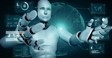 MLP 3d illüstrasyon yapay zeka kullanarak makine öğrenme sürecinde büyük veri analizi kavramını gösteren sanal hologram ekran tutan yapay yapay yapay yapay robot. 3B görüntüleme.