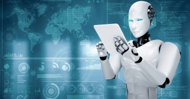 Büyük veri analizi için tablet bilgisayar kullanan MLP 3D illüstrasyon robot hominoidi. 4. Sanayi devrimi için yapay zeka ve makine öğrenme sürecini kullanan yapay zeka.