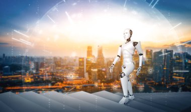 MLP 3D illüstrasyon robotu insanımsı başarıya ve hedefe ulaşmak için merdivenlerden çıkıyor. Dördüncü endüstriyel devrim için beyin ve makine öğrenme süreci kavramı.