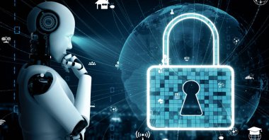 MLP 3d illüstrasyon yapay zeka robot robotu çevrimiçi sunucuda veri depolamak için bulut hesaplama teknolojisi kullanır. Makine öğrenme süreciyle analiz edilen gelecekteki bulut bilgi depolama kavramı. 3B görüntüleme