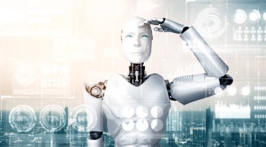 MLP 3d illüstrasyon İnsansı Yapay Zeka robotu hologram ekranına bakıyor ve makine öğrenme süreciyle yapay zeka kullanarak büyük veri analitiği kavramını gösteriyor. 3B illüstrasyon.
