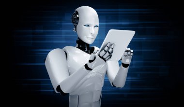 MLP 3D illüstrasyon robotu insansı geleceğin ofisinde tablet bilgisayar kullanarak yapay zeka, yapay zeka ve makine öğrenme sürecini kullanarak. 4. Sanayi Devrimi 3 boyutlu