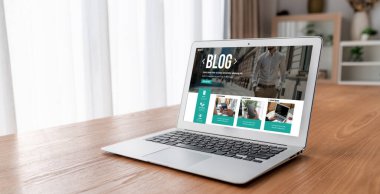 blogging concept, web blog Social Media Information network snugly. social media online content, freelance worker, working online, content creator, blogger, website, reading blog online on computer