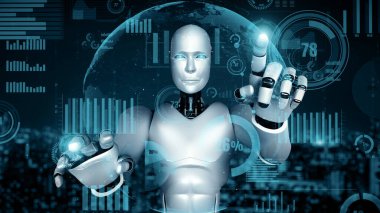 MLP 3d illüstrasyon Gelecek Finansal Teknoloji Kontrolü AI robot insansı makine öğrenimi ve yapay zeka kullanarak iş verilerini analiz ediyor ve yatırım ve ticaret hakkında tavsiyelerde bulunuyor