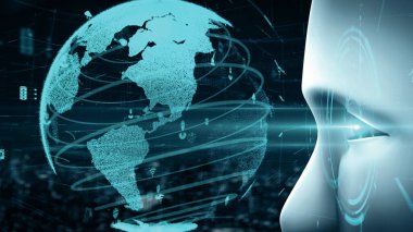 MLP 3d illüstrasyon Futuristik robot yapay zeka Huminoid yapay zeka endüstriyel fabrika teknolojisi geliştirme ve makine öğrenme konsepti için. İnsanoğlunun geleceği için robotik biyonik bilim araştırması