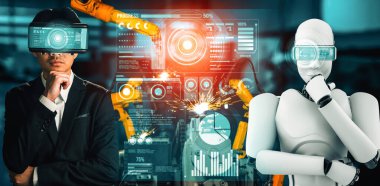 MLP Mekanize Endüstri Robotu ve insan işçileri gelecekteki fabrikada birlikte çalışıyorlar. Sanayi devrimi ve otomasyon üretim süreci için yapay zeka kavramı.