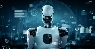 MLP 3d illüstrasyon Gelecek Finansal Teknoloji Kontrolü AI robot insansı makine öğrenimi ve yapay zeka kullanarak iş verilerini analiz ediyor ve yatırım ve ticaret hakkında tavsiyelerde bulunuyor