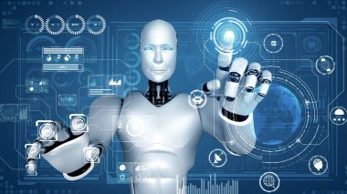 MLP 3d illüstrasyon yapay zeka kullanarak makine öğrenme sürecini kullanarak büyük veri analitiği kavramını gösteren sanal sanal ekrana dokunan yapay robot yapay zeka. 3B görüntüleme.