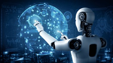 MLP 3d illüstrasyon yapay zeka kullanarak sanal ekrana dokunan yapay robot yapay zeka ile küresel iletişim ağı kavramını gösteriyor. 3B hazırlama bilgisayarı