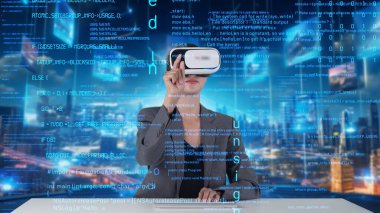 VR yenilik arayüzü dijital ağ teknolojisi görsel hologram sunucusu tarafından akıllı web sitesi geliştirme kodlayıcı veri seçimini analiz etmek için bilgisayar kodu yazan IT geliştiricisi. Kısıtlanma.