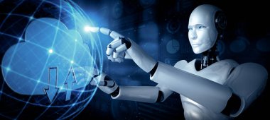 MLP 3d illüstrasyon yapay zeka robotu bulut hesaplama teknolojisini kullanarak çevrimiçi sunucuda veri depoluyor. Makine öğrenme süreciyle analiz edilen gelecekteki bulut bilgi depolama kavramı. 3B görüntüleme