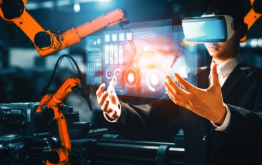 Dijital sanayi ve fabrika robotu teknolojisi için MLP Gelişmiş Robot Kol Sistemi. İnternet ağına bağlı IOT yazılımı kullanarak endüstri mühendisliği tarafından kontrol edilen otomasyon üretim robotu.