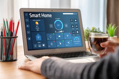 Smart home technology, centric remote control system with digital dashboard for air conditioning, safety security network or house automation. App software, ui panel programming IOT monitor snugly