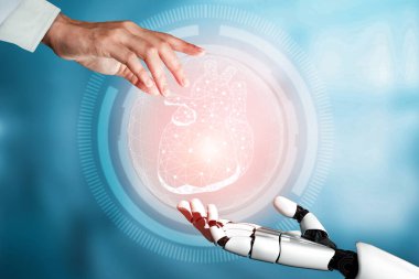 MLP 3D, gelecekteki hastanelerde çalışan tıbbi yapay zeka robotu. Hasta ve biyomedikal teknoloji konsepti için gelecekteki protez sağlık hizmetleri.