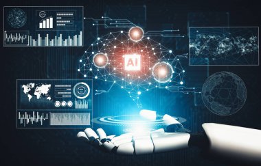 MLP 3D yorumlama fütüristik robot teknolojisi geliştirme, yapay zeka yapay zeka ve makine öğrenme kavramı. İnsan hayatının geleceği için küresel robot biyonik bilim araştırması.