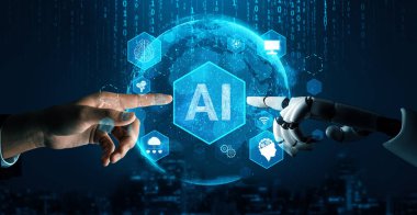 MLP 3D Rending futuristik robot teknolojisi geliştirme, yapay zeka yapay zeka ve makine öğrenme konsepti. İnsan hayatının geleceği için küresel robot biyonik bilim araştırması.