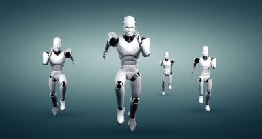 MLP 3D illüstrasyon. Hızlı hareket eden robot insanımsı robot, yapay zeka ve yapay zeka geliştirme kavramının gelecekte geliştirilmesi için gerekli enerjiyi makine öğrenmesiyle gösteriyor.