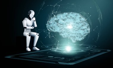 Yapay zeka ve yapay zeka kavramını makine öğrenme süreciyle gösteren sanal ekran analizi yapan Yapay Zeka Robotu Düşünme MLP 3D çizimi. 3B illüstrasyon.