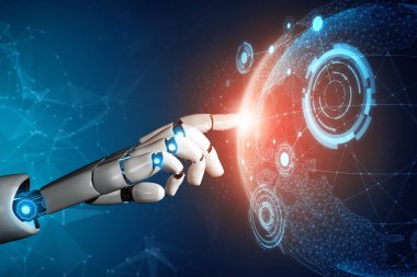 MLP 3D Rending futuristik robot teknolojisi geliştirme, yapay zeka yapay zeka ve makine öğrenme konsepti. İnsan hayatının geleceği için küresel robot biyonik bilim araştırması.