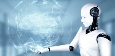 MLP 3d illüstrasyon yapay zeka ve yapay zeka kavramını gösteren sanal hologram ekran tutan yapay yapay yapay robot yapay zeka. 3B illüstrasyon.