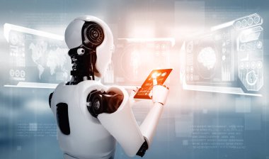 MLP 3D illüstrasyon robotu insansı tablet bilgisayar kullanarak yapay zeka, yapay zeka ve 4. endüstriyel devrim için makine öğrenme kavramını kullanıyor. Üç Boyut