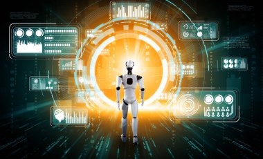 MLP 3D illüstrasyon robotu, 4. Sanayi Devrimi kavramındaki yapay zeka ve makine öğrenme sürecini kullanarak büyük verileri analiz ediyor..