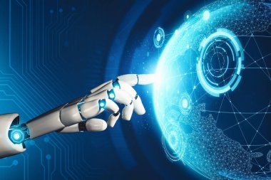 MLP 3D yorumlama fütüristik robot teknolojisi geliştirme, yapay zeka yapay zeka ve makine öğrenme kavramı. İnsan hayatının geleceği için küresel robot biyonik bilim araştırması.