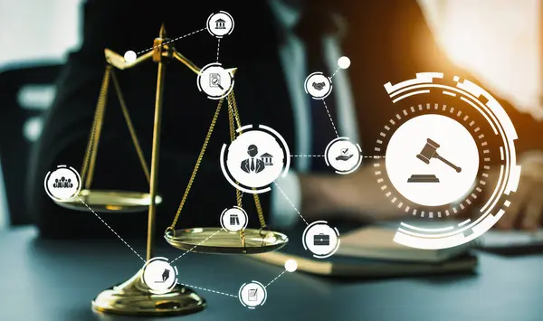 Stock image Smart law, legal advice icons and lawyer working tools in the lawyers office showing concept of digital law and online technology of savvy law and regulations .