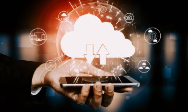 İş ağı konsepti için bulut bilgisayar teknolojisi ve çevrimiçi veri depolama. Bilgisayar, bulut veri transferi için internet sunucusuna 3 boyutlu fütüristik grafik arayüzü ile bağlanır. uds