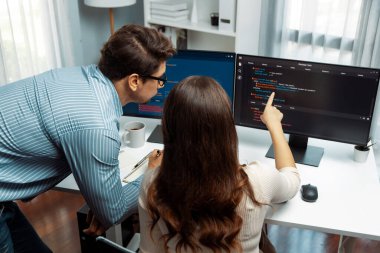 İki ekran ekranında yaratıcı web sitesi planlama yazılımını tartışan yetenekli geliştiriciler programı arka görüş konseptiyle ofiste tasarımı analiz eden tam yığın veri. Varsayım.