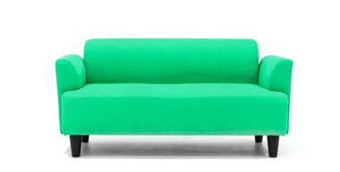 Beyaz arka planda yeşil İskandinav tarzı çağdaş kanepe modern ve şık oturma odası için minimal mobilya tasarımı. uds