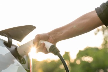 Sonbahar gezisi sırasında sonbahar ormanı arabasında elektrikli araba için şarj eden bir adam. Sonbahar tatilinde elektrikli araçla çevre dostu bir seyahat. Yükselt