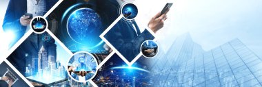 İletişim teknolojisi, akıllı bağlantı IOT ve insan ağ teknolojisi kavramı. Güvenli internet ağına ve bulut hesaplama sunucusuna bağlanmak için bağlantı aygıtı kullanan insanlar vexel