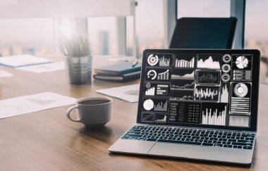 İş ve Finans Konsepti Veri Analizi. Dijital iş stratejisi için gelecekteki kar analitik bilgisayar teknolojisini, çevrimiçi pazarlama araştırma ve bilgi raporunu gösteren arayüz. uds