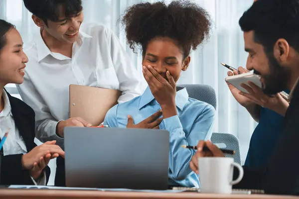 stock image Happy diverse business people work together, discussing in corporate office. Professional and diversity teamwork discuss business plan on desk with laptop. Modern multicultural office worker. Concord