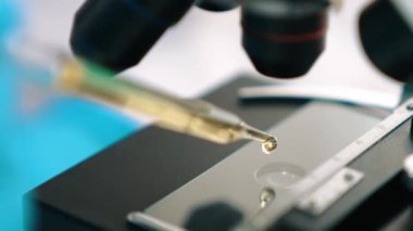 Bilimsel laboratuar araştırmacısı mikroskobik slayt üzerine sıvı örneği bırakır. Tıbbi muayene için ya da yeni teşhis aleti için. Mikrobiyolog ya da tıp çalışanı laboratuarda deney yapıyor. Ağır çekim. Katı.