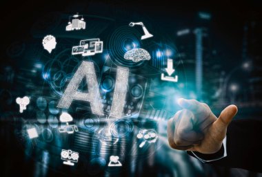 Yapay Zeka ve Yapay Zeka Konsepti - Bilgisayar, makine düşünme ve Dijital Robot Cihazların Yapay Yapay Zeka Arayüzünü gösteren Simge Grafiksel Arayüzü. uds